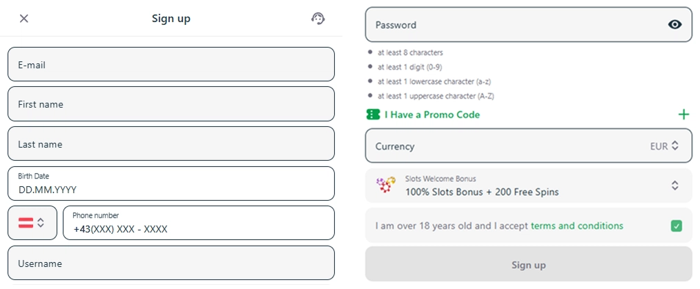 Redslot Casino sign up form