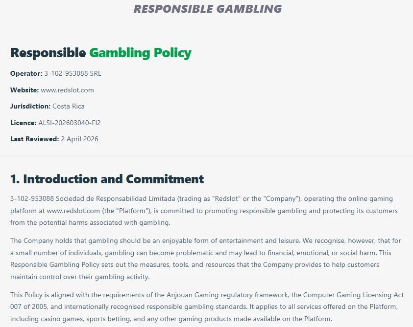 Redslot Casino responsible gambling policy and licence information